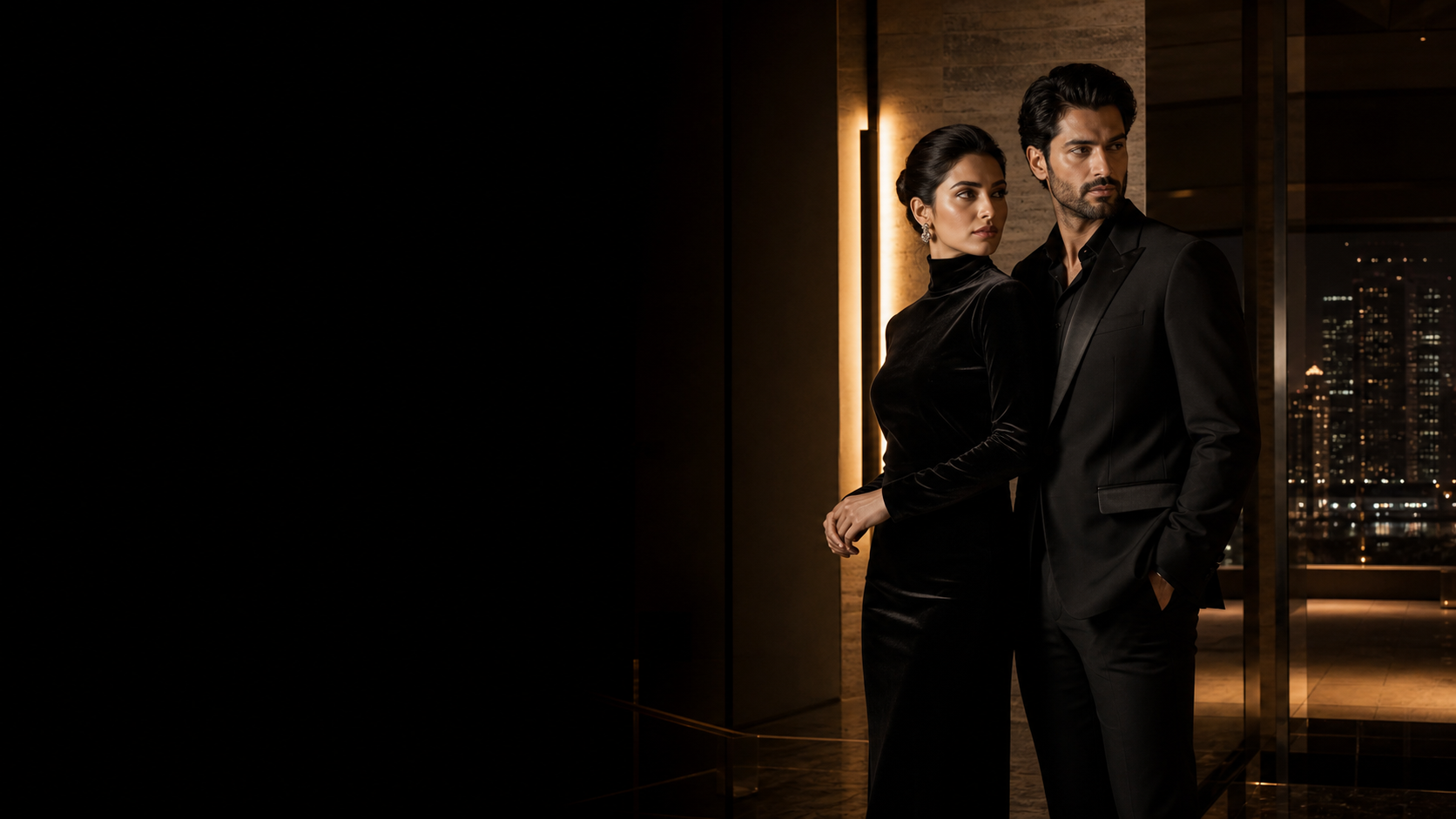 Indian couple in contemporary black eveningwear